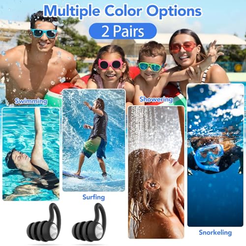 Swimming Ear Plugs - 2 Pairs Silicone Waterproof Earplugs - Black