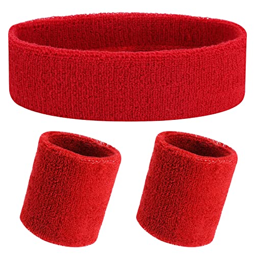 Sweatband Set - 1 Headband & 2 Wristbands, Black & Neon Green - Red