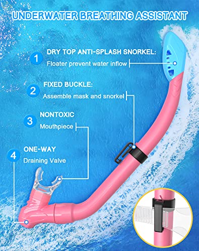 Kids Snorkeling Gear Set - Anti-Fog Mask & Dry Top Snorkel - Pink/Blue X-Small