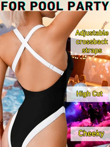 ChiaoLezhee Color Block Swimsuit Black White Medium - Plunge V Neck, High Cut, Backless for Pool & Vacation