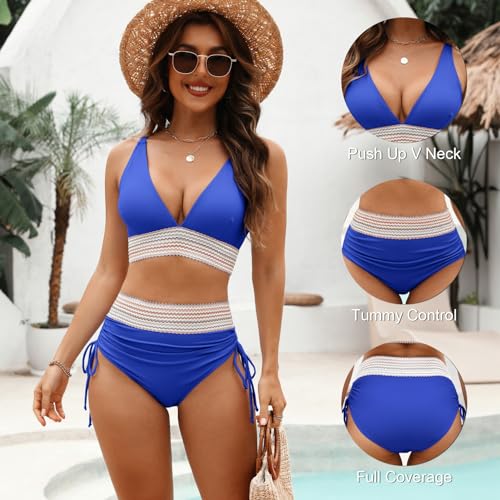 Adisputent Women's High Waisted Color Block Bikini Set Royal Blue Large V Neck Tummy Control Swimsuit