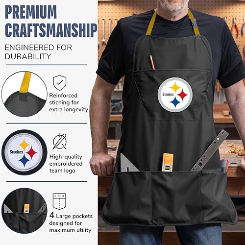 Pittsburgh Steelers Cooking Apron - Adjustable, 4 Pockets, Black