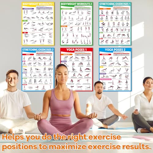 6-Piece Workout Poster Set - Yoga, Stretching & Bodyweight Exercises
