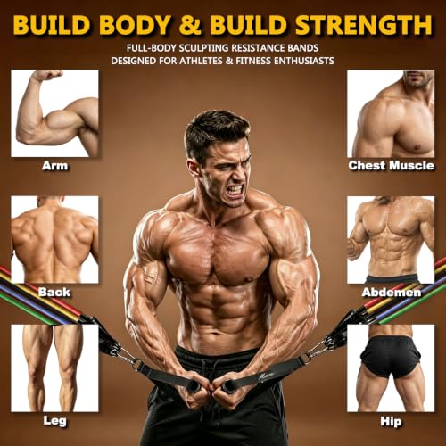 Resistance Bands with Handles 150 lbs Set – 5 Color-Coded Tubes, Door Anchor & Carry Bag