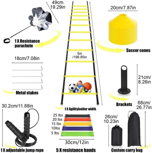 Agility Ladder | 20ft Speed Training Set with 12 Steps, 4 Steel Spikes & 5 Resistance Bands