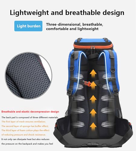 Bseash 60L Waterproof Hiking Camping Backpack with Rain Cover - Light Blue