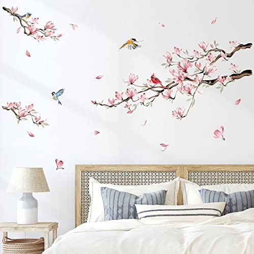 decalmile Magnolia Flowers Tree Branch Wall Decals Pink Floral Blossom Birds Wall Art Stickers Girls Bedroom Living Room TV Sofa Decor
