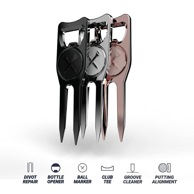 Blue Tees Golf 6-in-1 Divot Repair Tool & Ball Marker - Black