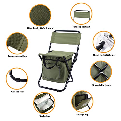 LEADALLWAY Green Fishing Chair with Cooler Bag, Foldable 12.6" Seat, 12.2" Depth