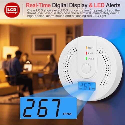 Digital Carbon Monoxide Detector with LCD Display and Sound Warning, Fault/Alarm/Operate Indicators,AA Battery Powered, CO Sensor Complies with UL 2034 Standards for Home(3/Pack)