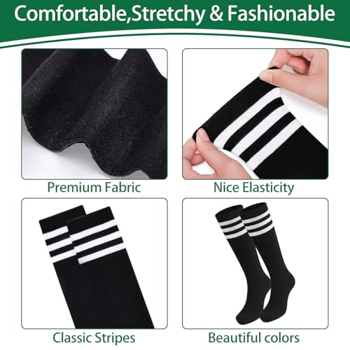 Kids Soccer Socks - Striped Knee High Athletic Socks - White & Black - Ages 6-9