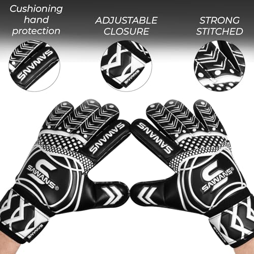 SAWANS Black Goalkeeper Gloves for Soccer - Youth & Adult, Double Layer Grip & Breathable Palm, Size 10
