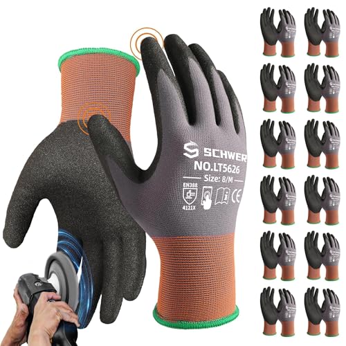 Schwer 12 Pairs Safety Work Gloves with Sandy Nitrile Coating, ANSI A1 Cut Resistant Heavy Duty Working Gloves with Grip for Men Women, Ideal for General Use, Mechanic, Construction, Gardening, M