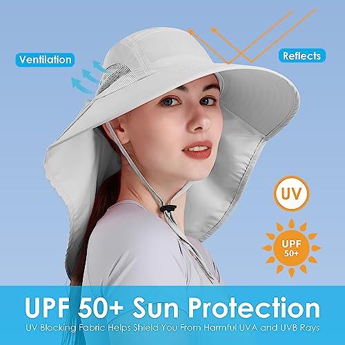 Wide Brim UV Protection Sun Hat - Foldable Waterproof Bucket Hat with Neck Flap - One Size, Light Grey