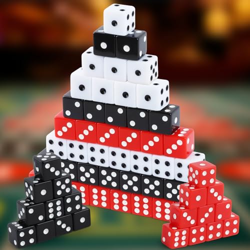 50-Piece 16mm Standard Game Dice Set - Black, White, Red Acrylic Square Corner