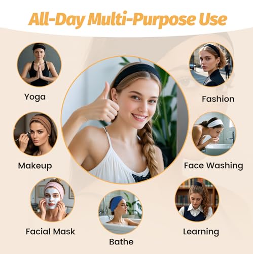 Wide Elastic Headbands for Women - 6 Pack Soft Sweatbands
