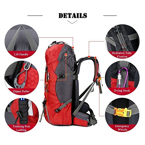 Bseash 60L Waterproof Hiking Backpack with Rain Cover - Red, Large Outdoor Daypack for Camping & Climbing