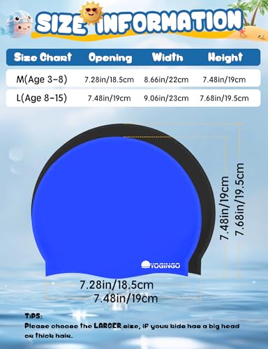 Kids Swim Cap Set - Silicone Swim Caps for Long & Short Hair - Black & Blue
