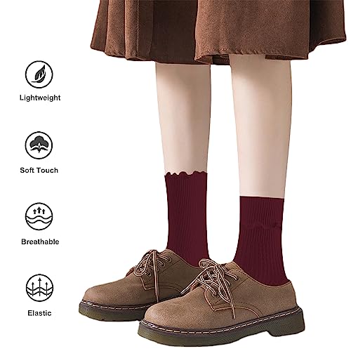 Women's Cotton Crew Socks with Ruffle Turn-Cuff - Wine Red