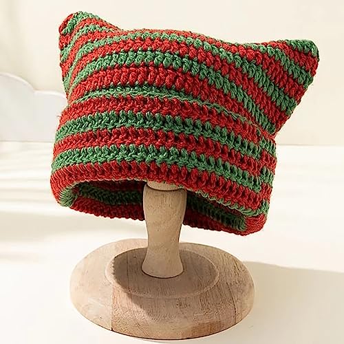 Crochet Cat Ear Beanie - Red & Green Striped Knit Grunge Hat