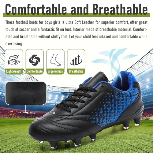 LIZRHA Youth Soccer Cleats Black/Blue 6 Big Kid Indoor & Outdoor Football Shoes