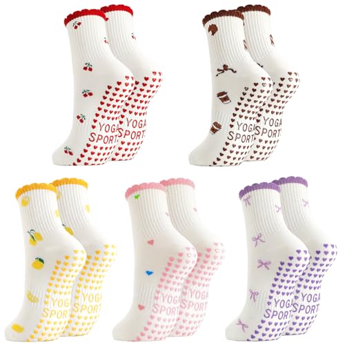 Pilates Socks for Women - Cute Ruffle & Embroidery, 5 Pairs - Red, Pink, Yellow, Purple, Brown