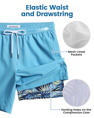 Maamgic Men's Swim Trunks with Compression Liner 7" Quick-Dry Board Shorts Blue Leaf XL