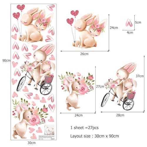 Cute Pink Bunny Love Pattern Wall Stickers, sacinora Little Rabbit Cartoon Animal DIY Wall Decals Removable Vinyl Peel and Stick for Kids Baby Girl Nursery Bedroom Toddler Room Kindergarten Decoration