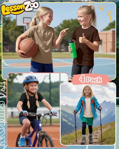 Girls' Athletic Shirts - 4 Pack, Light Khaki/Khaki/Brown/Black, 9-10 Years