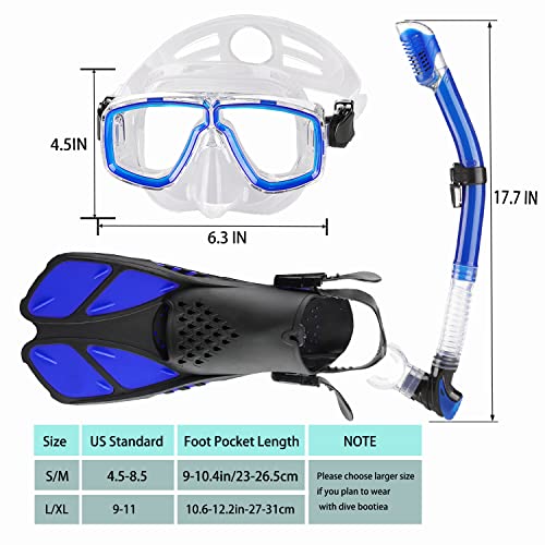 DiVLMT Adult Snorkeling Gear Set with Mask Fins Dry Snorkel, US Men 9-13 / Lady 10-14, Blue