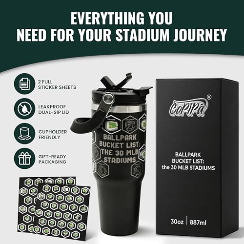 CoPiPa MLB Ballpark Bucket List Water Bottle - All 30 Stadiums, 30 oz, Insulated (Variation 1)