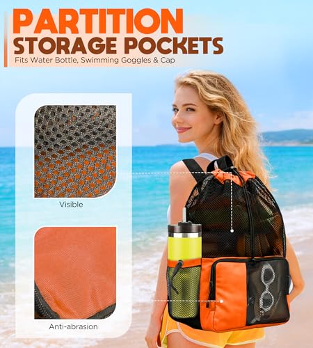RUENVUE Orange Mesh Swim Bag Drawstring Backpack for Swimmers & Beach, Summer Essentials