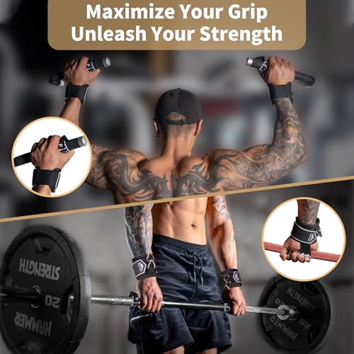 Weightlifting Wrist Straps with D Rings - Black-White, M (6.3-8.3 Inch)