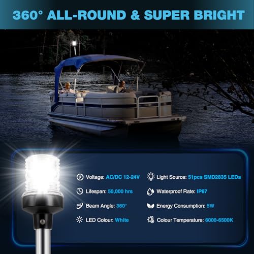 SETYPARY 12-Inch Waterproof Marine Anchor Light - Fold-Down White LED Navigation Light for Boats 12-24V