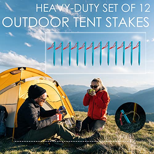 Heavy Duty Tent Stakes - 12 Pack Lightweight Aluminum Pegs - Blue