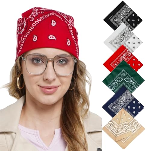 100% Cotton Bandanas - 21.5 x 21.5 Inch Unisex Headwraps, Set of 6