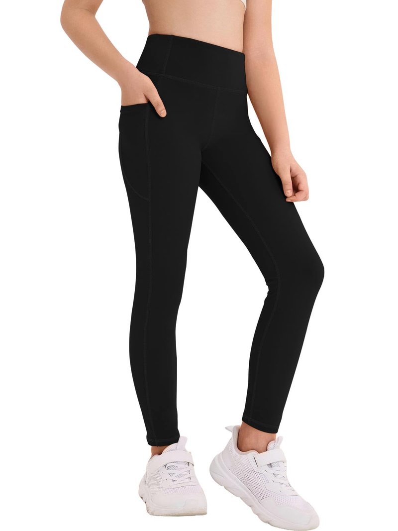 Haloumoning Girls Athletic Leggings Kids Workout High Waisted Stretchy Running Yoga Pants with Pockets 5-14 Years Black