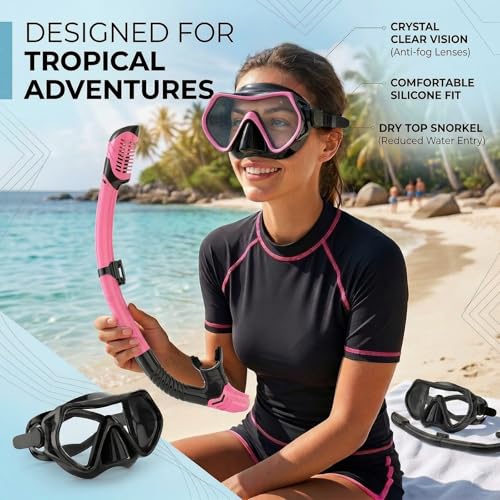 Snorkeling Gear Set for Adults - Anti Fog Goggles & Dry Snorkel - Black+Pink