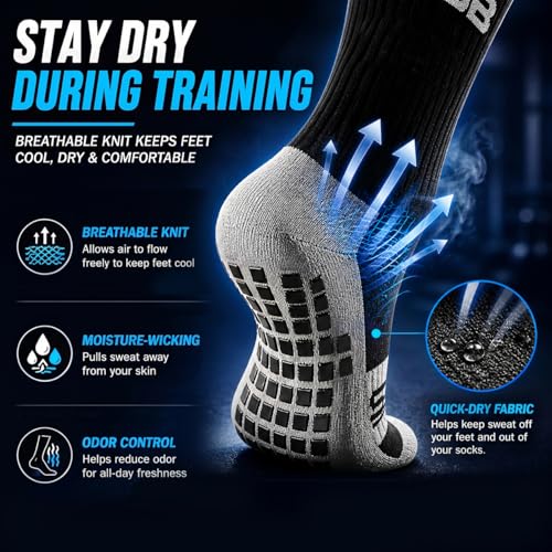 Athletic Non-Slip Grip Socks for Men - Black (2-Pair Set)