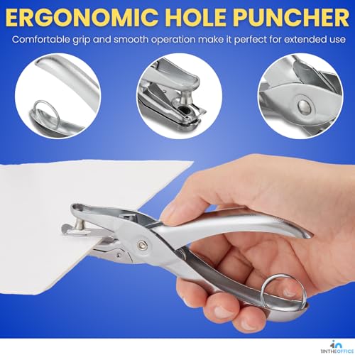 1InTheOffice Single Hole Punch, Ticket 1-Hole Puncher- Metal Hole Punchers - One Hole Puncher Heavy Duty - 5 Sheet Capacity, Silver (2 Pack)