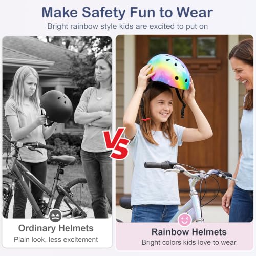 Bienbee Kids Bike Helmet Rainbow Medium 21.2-22.8 in (Ages 8-14) Adjustable & Multi-Sport