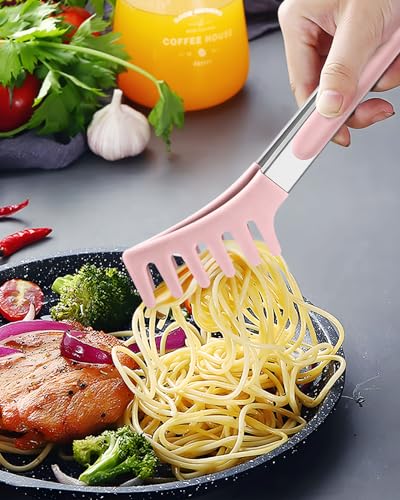 DaiRen Pink Silicone Spaghetti Spoon & Pasta Tong with Teeth, 10"/13"
