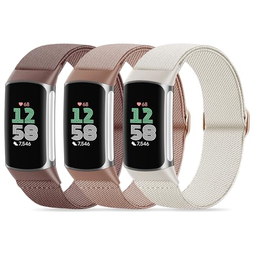 Fitbit Charge 6 Watch Bands - 3 Pack Stretchy Nylon Sport Loop - Purple, Pink, Starlight