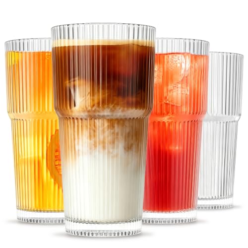INSETLAN 20oz Ribbed Glass Tumblers Set of 4 - Iced Coffee & Drinkware