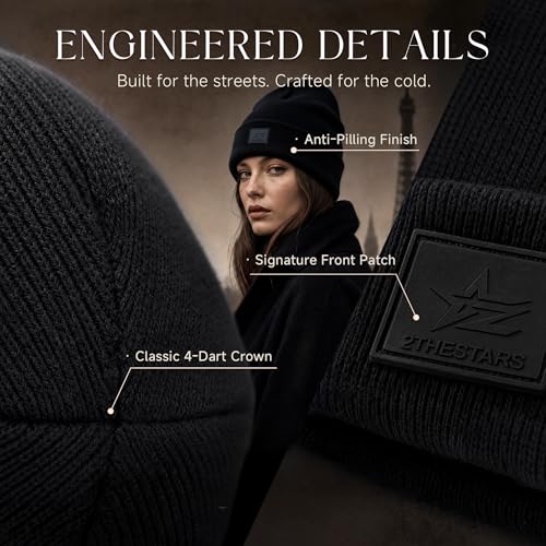 2THESTARS Winter Beanie for Men & Women – Black Heavyweight Knit Cuffed Hat