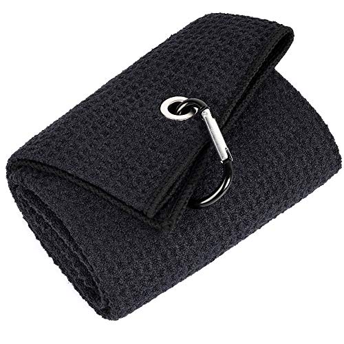 Tri-fold Golf Towel - 16" x 24" Microfiber with Carabiner Clip - Black