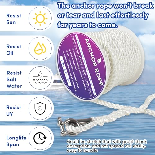 VEITHI 1/2in x 100ft Boat Anchor Rope with Stainless Thimble & Shackle White, 3-Strand Marine Line