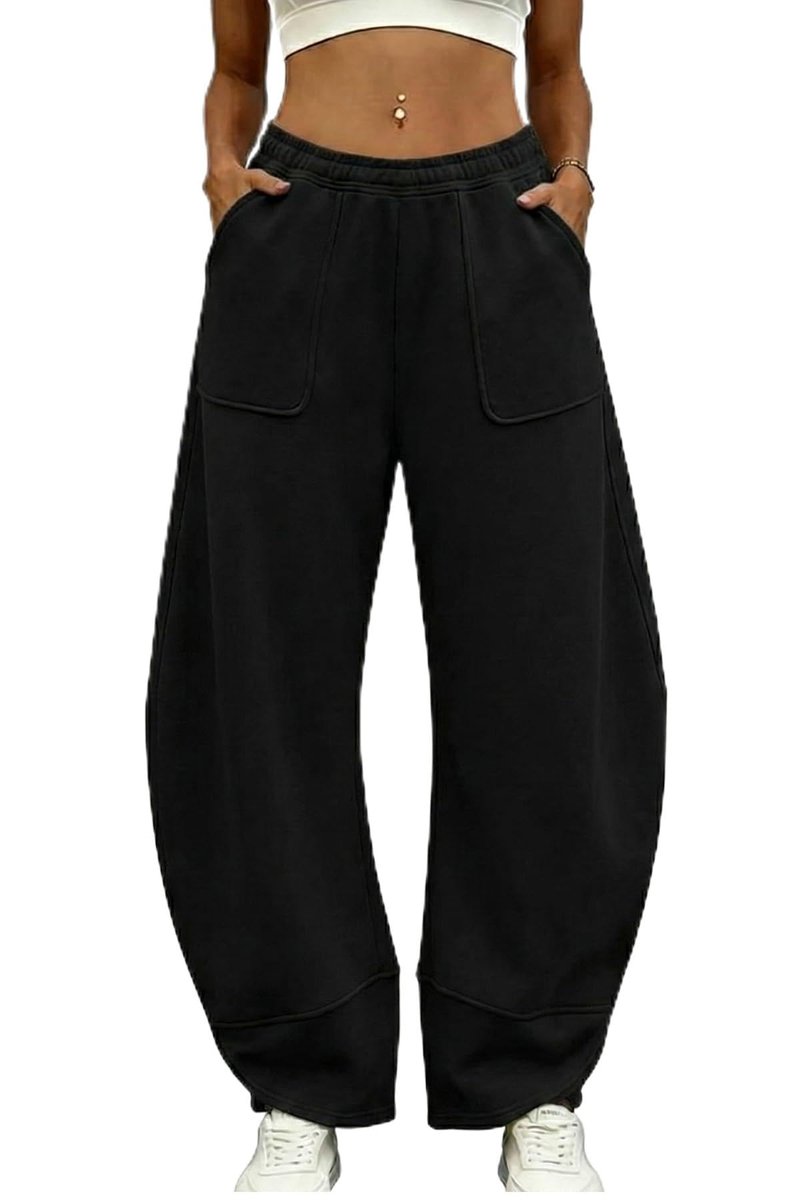 ELLEVEN Womens Wide Leg Bareel Baggy Fleece Lined Sweatpants Cotton Lounge Thermal Pants Low Rise Elastic Waist Pockets Winter Warm Fall Pants Mujer Athletic Gym Yoga Black Medium