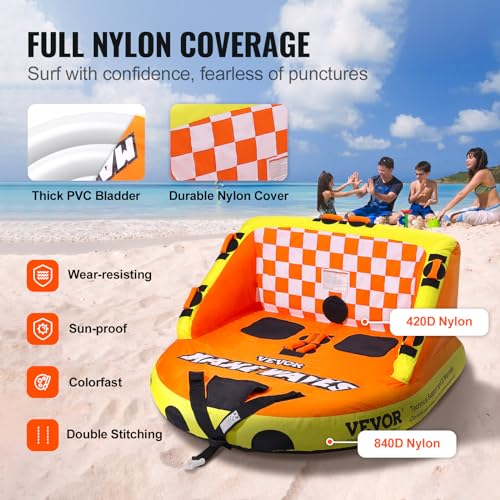 Inflatable Towable Tube for Boating - 2 Riders with Backrest - Orange