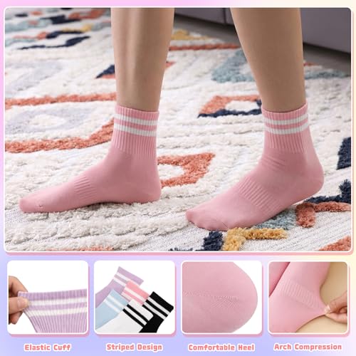 Breathable Cotton Retro Striped Crew Socks for Women - Black, White, Purple, Blue, Pink